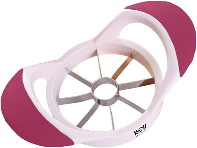 Apple slicer with white frame and burgundy handles