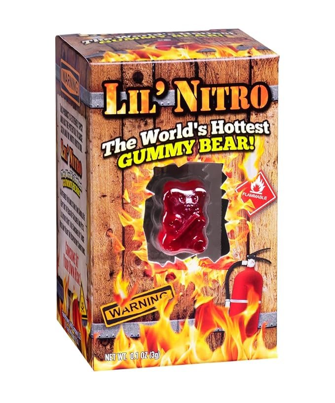 Lil’ Nitro spicy gummy bear in its red packaging